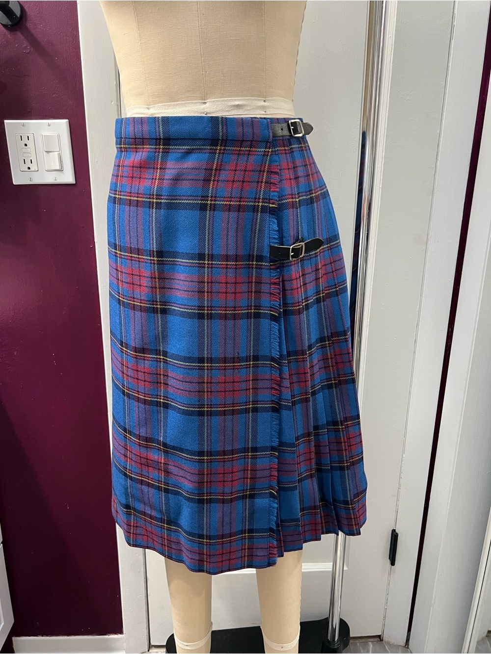 Vintage Blue Plaid Wrap Skirt with Buckle Detail